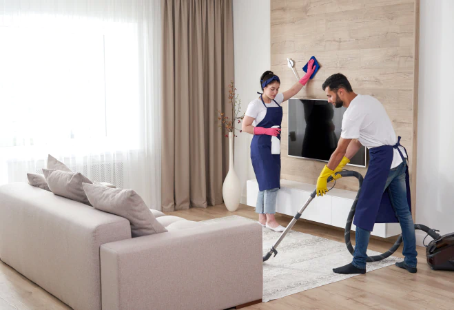 workers cleaning the living room